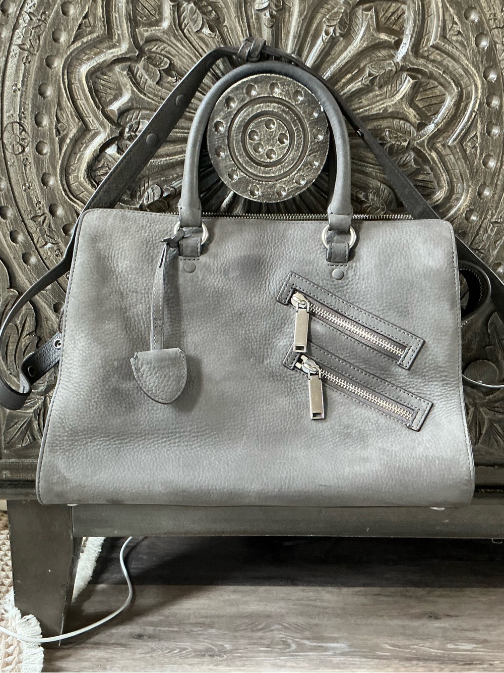 Gray Leather Satchel Handbag - Unbranded